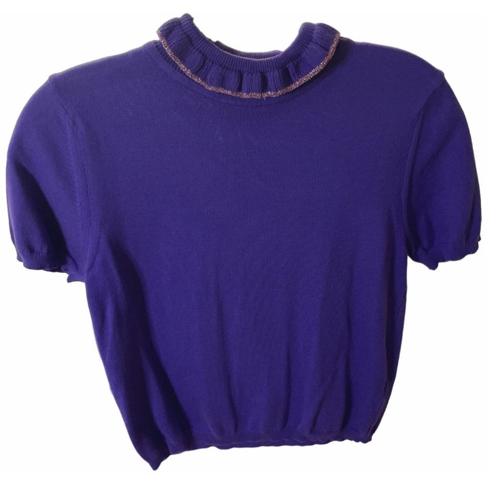 George J. Love Purple Cotton Knit top with pink sparkly piping around cowlneck s